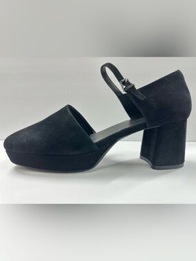 Black Suede Square Toe Mary Jane Chunky Block Heel Pumps - Size 9